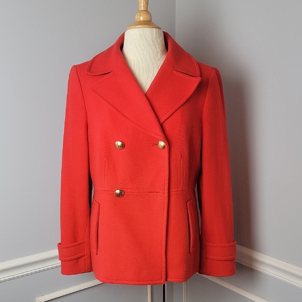 TALBOTS Red Orange Double Breasted Herringbone Wool Blend Classic Pea Coat‎ 8